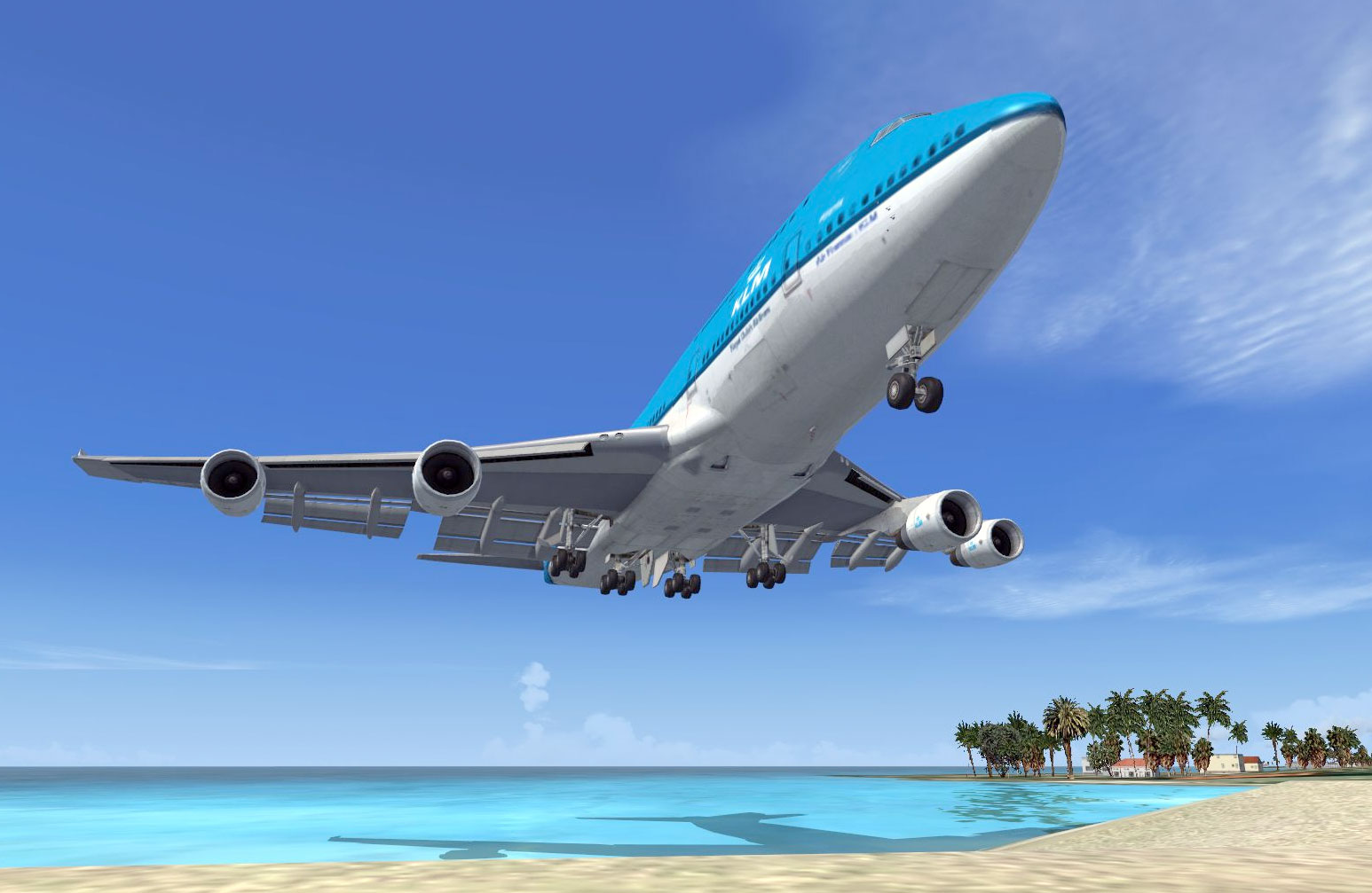 A Boeing 747 landing at the famous St Maarten airport. Screenshot from Microsoft Flight Simulator