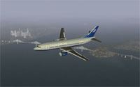 A United Airlines Boeing 737 being flown in the FlightGear flight simulator for Windows.
