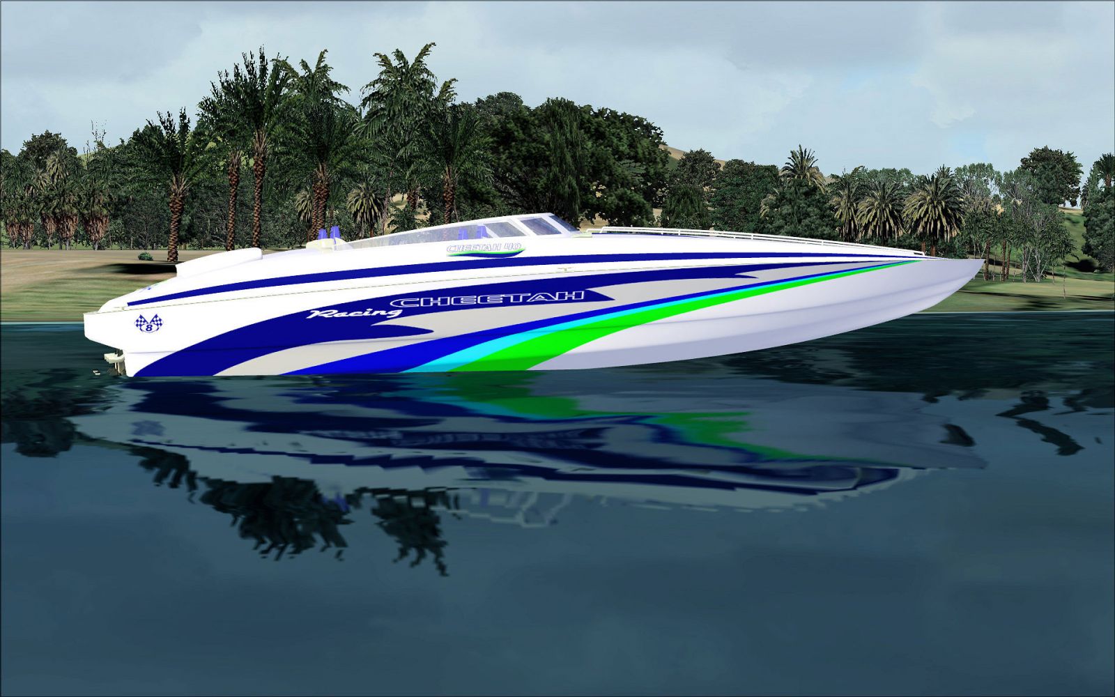 Powerboat boat add-on for FSX. Images shows boat in the water.