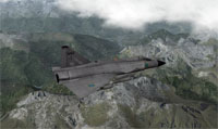 Image shows a Saab 37 military aircraft flying over the French Alps.  The screenshot was captured from X-Plane.