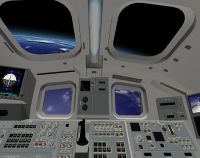 Space Shuttle cockpit showing Earth out of window.