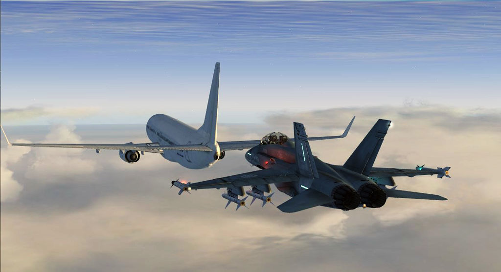 Military aircraft following passenger jet while flying a mission in FSX.