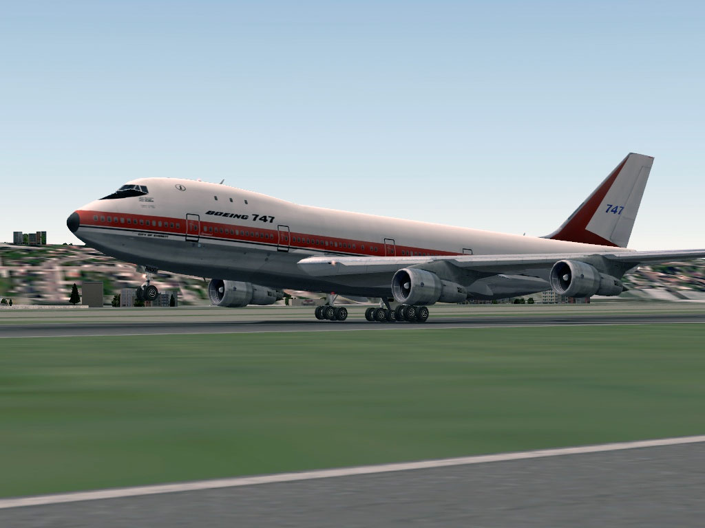 Image shows a Boeing 747 in X-Plane 9 with Boeing house colors, early