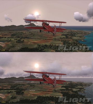 Image showing the difference between the low and high graphics settings in Microsoft Flight.