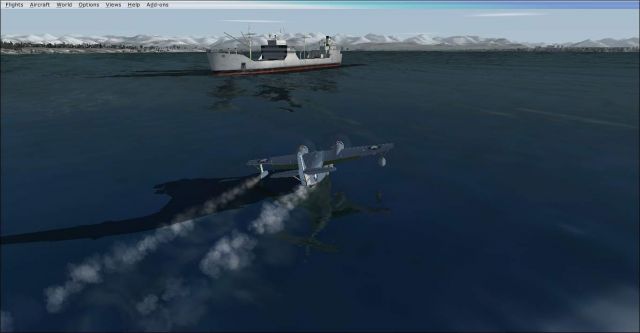 NAVY Grumman Goose taxing on water-Wing floats down. From the Microsoft Flight Simulator X gallery.