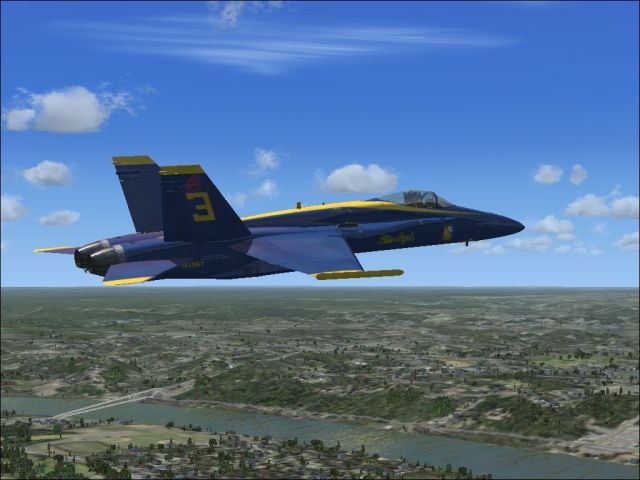 Blue Angel about to pass over Ohio river. From the Microsoft Flight Simulator X gallery.