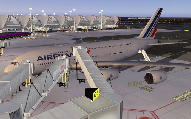 Air France A380 at Bangkok Intl Airport. From the Microsoft Flight Simulator 2004 gallery.