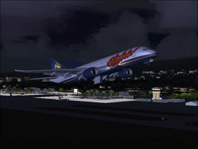 Aloha Airlines B-787 Dreamliner (fictional) departing. From the Microsoft Flight Simulator 2004 gallery.