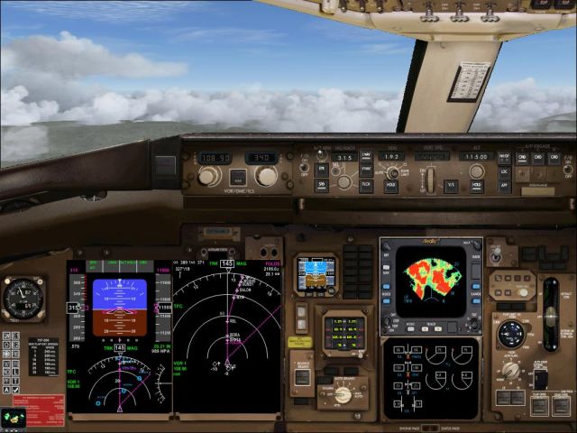 B757-200 cockpit whilst banking. From the Microsoft Flight Simulator 2004 gallery.