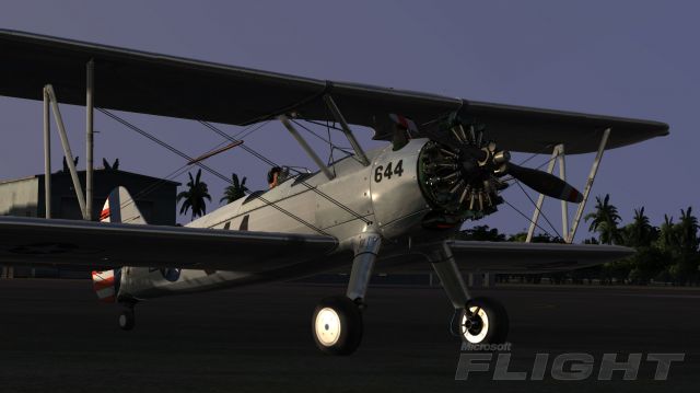 Boeing Steerman out of Hangar. From the Microsoft Flight gallery.