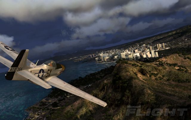 WWII Fighter Flying Towards City. From the Microsoft Flight gallery.