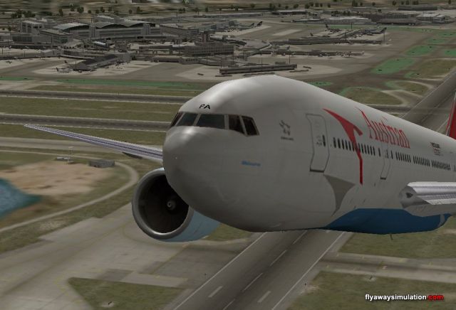 Austrian 777 taking off. From the X-Plane gallery.