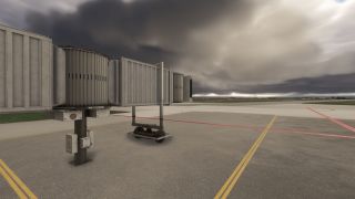 A jet bridge stands over an empty airport apron with yellow taxiway lines and dark storm clouds covering the sky.