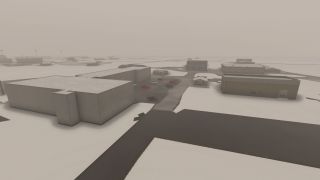 Several hangars and small buildings surround a parking lot with cars, all set in a snowy, overcast airport environment.
