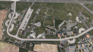 A military airbase layout is shown from above, featuring multiple transport aircraft parked on aprons and a single runway at the top.