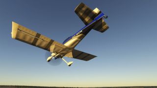 A single-engine airplane flies overhead, showing striped wing undersides, fixed landing gear, a spinning propeller, and registration EC-KCN against clear sky.