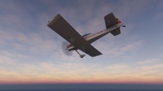 A white single-engine aircraft with red stripes and fixed landing gear flies overhead against a cloud-streaked sky and pink horizon.