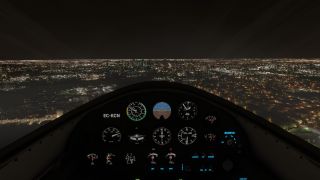 An aircraft cockpit with illuminated analog gauges overlooks a sprawling city at night, with a dark river winding between lit buildings.