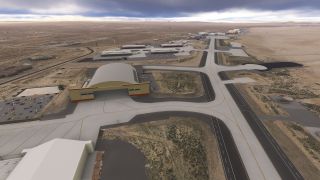 A desert airfield features a large arched hangar, intersecting taxiways, and car parks beneath dark clouds, with mountains along the horizon.