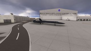 A black NASA SR-71 sits on a concrete apron outside a NASA hangar beneath dark clouds, with landing gear extended.
