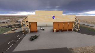 A NASA-marked hangar stands with orange doors open, revealing a small jet, while a green tow tractor sits outside under dark clouds.