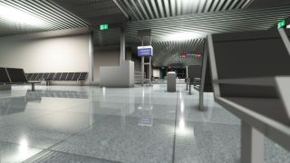 An empty airport gate area has rows of black seats, reflective tiled flooring, and a counter beneath a bilingual closed sign.