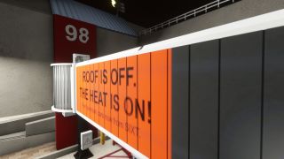 An enclosed airport jet bridge displays an orange advertisement beside a red gate 98 sign under nighttime lighting.