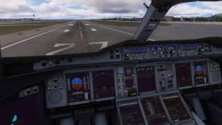 An airliner cockpit faces runway 27, with illuminated flight displays, autopilot controls, and airport buildings visible beneath scattered clouds.
