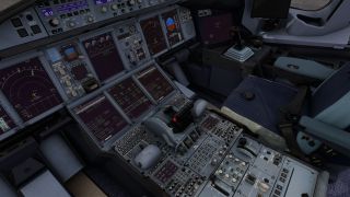 The cockpit features illuminated flight displays, four central thrust levers, a right-side sidestick, and an empty blue seat with loose harness straps.