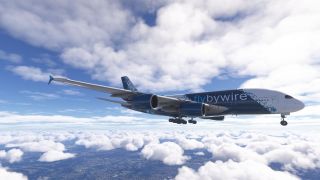 A blue-and-white Airbus A380 flies above scattered clouds with its landing gear extended and FlyByWire lettering along the fuselage.