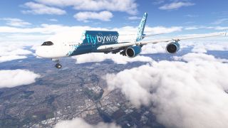 A blue-and-white Airbus A380 flies above scattered clouds and urban terrain with its landing gear extended.
