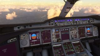 An airliner cockpit shows illuminated flight displays and autopilot controls, with golden clouds and a winding river visible through the windshield.