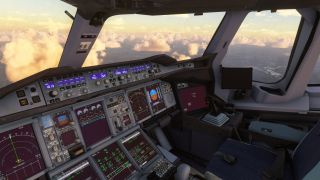 The airliner cockpit shows illuminated flight displays, a right-hand sidestick, and an empty copilot seat, with sunlit clouds beyond the windshield.