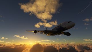 A four-engine passenger jet flies above scattered golden clouds, viewed from below with its landing gear retracted and the sun near the horizon.