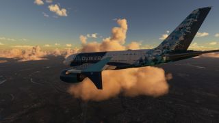 A double-deck airliner with blue geometric livery flies among orange-lit clouds above winding rivers, fields, and urban areas.