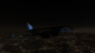 A four-engine airliner with blue tail markings flies above illuminated city streets and scattered clouds beneath a crescent moon.