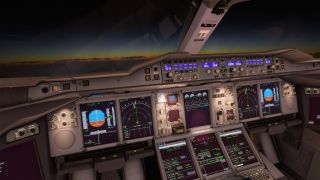 The airliner cockpit shows illuminated flight displays, autopilot controls, and center console screens beneath a dark sky with an orange horizon.