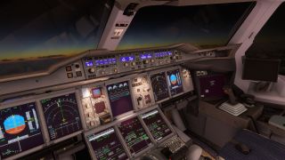 The airliner cockpit features illuminated flight displays, a right-hand sidestick, and a dark tablet beside windows overlooking an orange horizon.