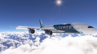 An Airbus A380 in blue and white FlyByWire livery flies above dense clouds beneath a clear sky and bright sun.