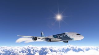 A blue-and-white Airbus A380 flies above dense clouds, with vapor trails streaming behind its wings beneath a bright sun.