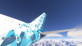 A double-deck airliner flies above clouds, showing its rear fuselage, blue geometric tail markings, and right horizontal stabilizer.