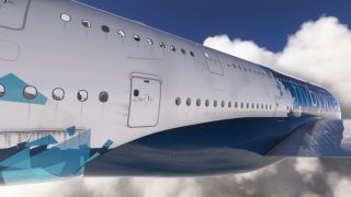 A close exterior view shows a double-deck airliner’s blue-and-white fuselage, two rows of windows, exit doors, and wing above clouds.