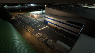 A blue-striped airport hangar stands beside empty marked parking spaces and pedestrian crossings, with a partially visible aircraft on the illuminated nighttime apron.
