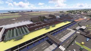 Tahiti Faa'a Airport’s terminal features a yellow roof and angular skylights, with curbside roads, parked aircraft, and a coastal runway beyond.