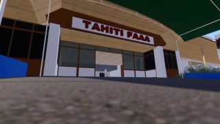 The Tahiti Faaa terminal entrance features a large red-lettered sign, white columns, dark windows, and blue planters beneath green awnings.