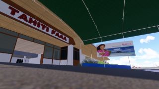 The Tahiti Faaa terminal entrance displays large red lettering beneath a green canopy, beside a multilingual welcome sign.