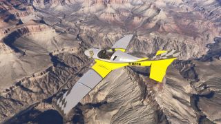 A yellow and gray light aircraft with checkered wingtips flies above steep, layered canyon walls and a winding river.