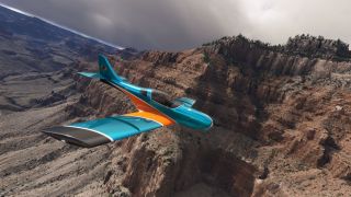 A turquoise and orange single-engine aircraft flies beside steep, layered canyon cliffs beneath heavy gray clouds.