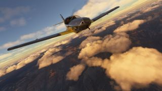 A silver and yellow propeller aircraft with two visible occupants flies above rugged terrain and scattered clouds illuminated by golden sunlight.
