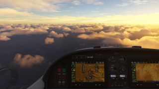 The cockpit features two digital flight displays and analog gauges, with scattered clouds and golden sunlight visible through the windshield.